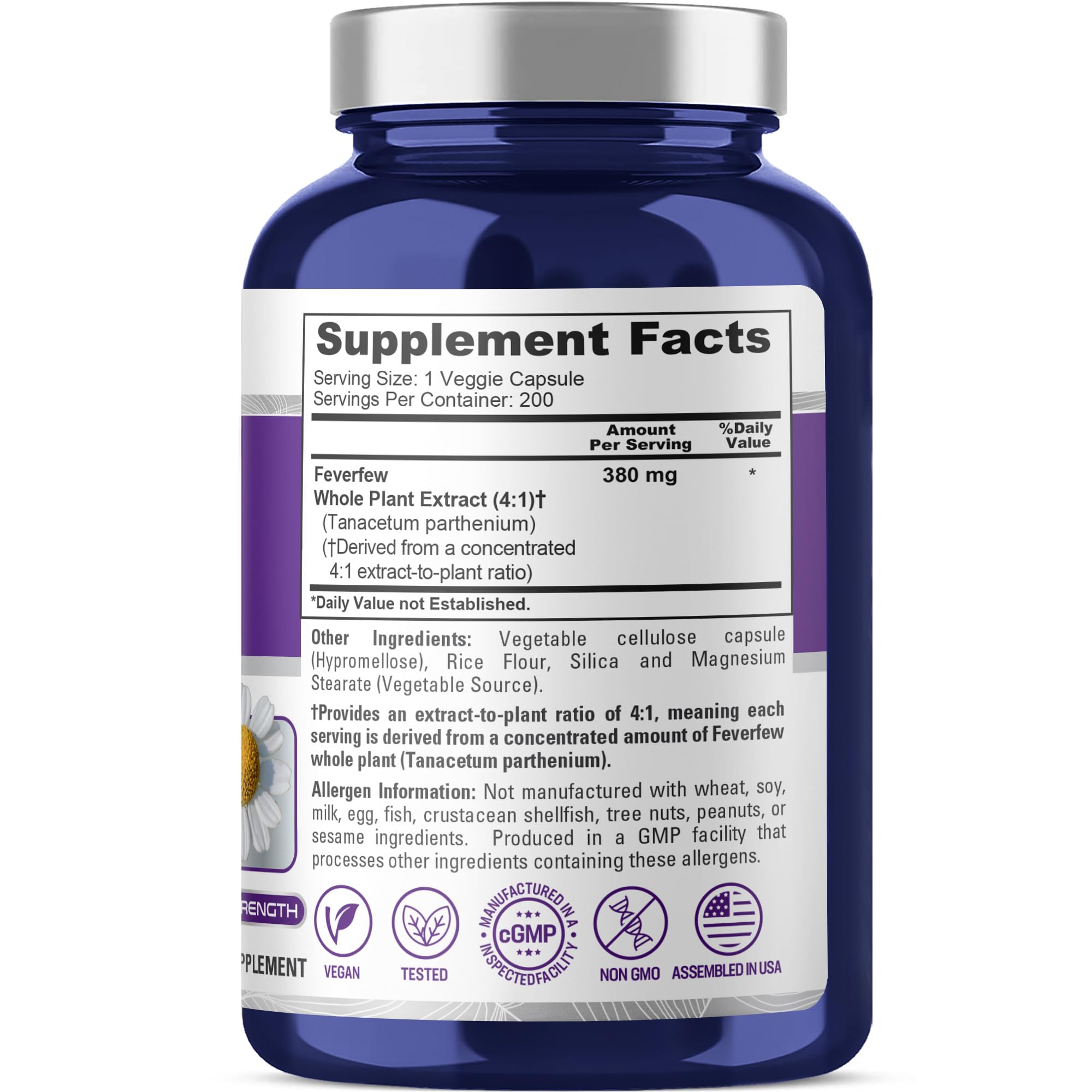 NusaPure Feverfew Capsules, 380 mg, 200 Veg Capsules (Non-GMO, Gluten Free)
