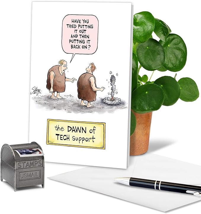 NobleWorks - 1 Funny Birthday Card Cartoons - Hilarious Comic Humor, Notecard with Envelope - Dawn of Tech Support C4038BDG