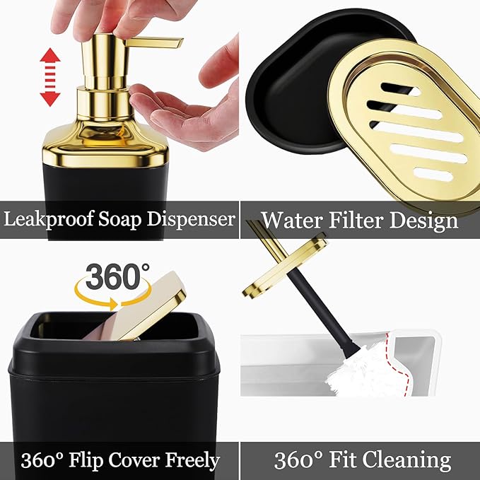 Black Bathroom Set, Bathroom Sets with Stripe Shower Curtain, Black and Gold Bathroom Accessories with Trash Can, Soap Dispenser, Soap Dish, Toilet Brush Holder, Qtip Holders for Bathroom