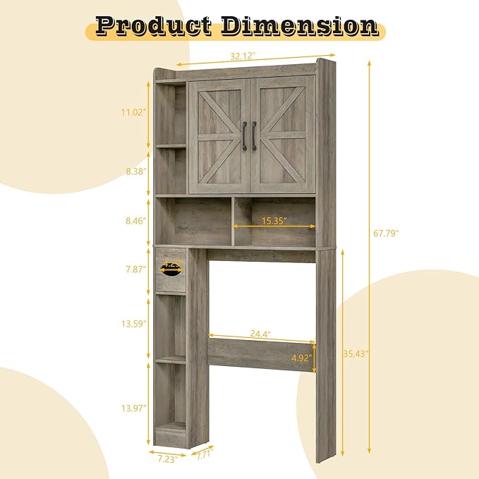 Over The Toilet Storage Cabinet, Farmhouse Storage Cabinet Over Toilet with 2 Barn Door & Toilet Paper Holder Stand, Home Space-Saving Rack, for Bathroom, Restroom (Grey).
