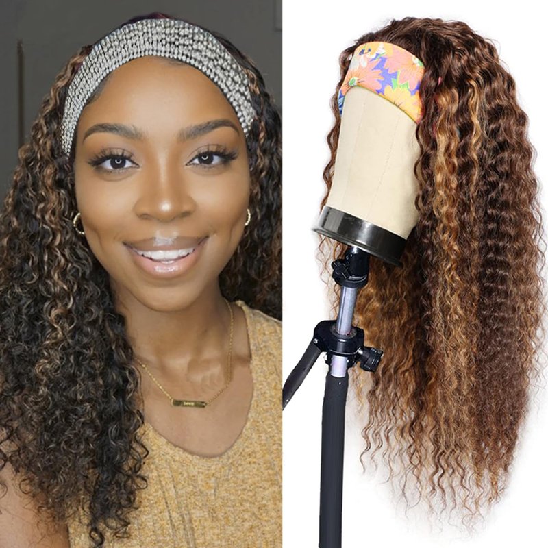 Bellarayine Brazilian Human Hair Headband Wig - Deep Wave, Highlight, Curly, Glueless (14 inch, 4/27 Highlight)