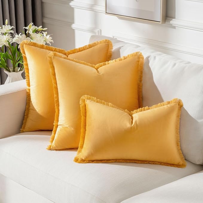FUTEI Orange Velvet Decorative Throw Pillow Covers 20x20 Set of 2,Soft Cozy Edge with Tassels Cushion Case,Boho Modern Home Decor for Couch Bed Living Room