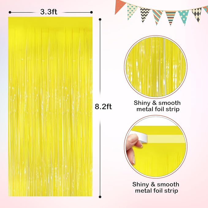 Macaron Yellow Metallic Tinsel Foil Fringe Curtains, 2 Pack 3.3x8.3 Feet Streamer Backdrop for Birthday Party Decorations, Yellow Tinsel Backdrop for Easter Thanksgiving Graduation, Mardi Gras Decor