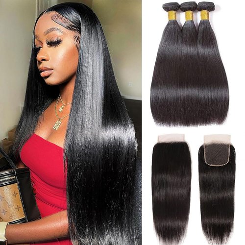 Selina Hair Straight 3 Bundles Human Hair 16 18 20 Inch with 4x4 Lace Closure Human Hair 14 Inch, 100% Unprocessed Brazilian Virgin Hair Extension for Women Natural Black(16 18 20 + 14" Closure)
