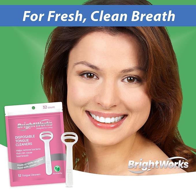 Brightworks Disposable Tongue Scraper for Adults – 96 Count Hygienic Tongue Cleaner for Fresh Breath – Recycled Plastic, Curved Design Tongue Cleaner – Travel-Friendly