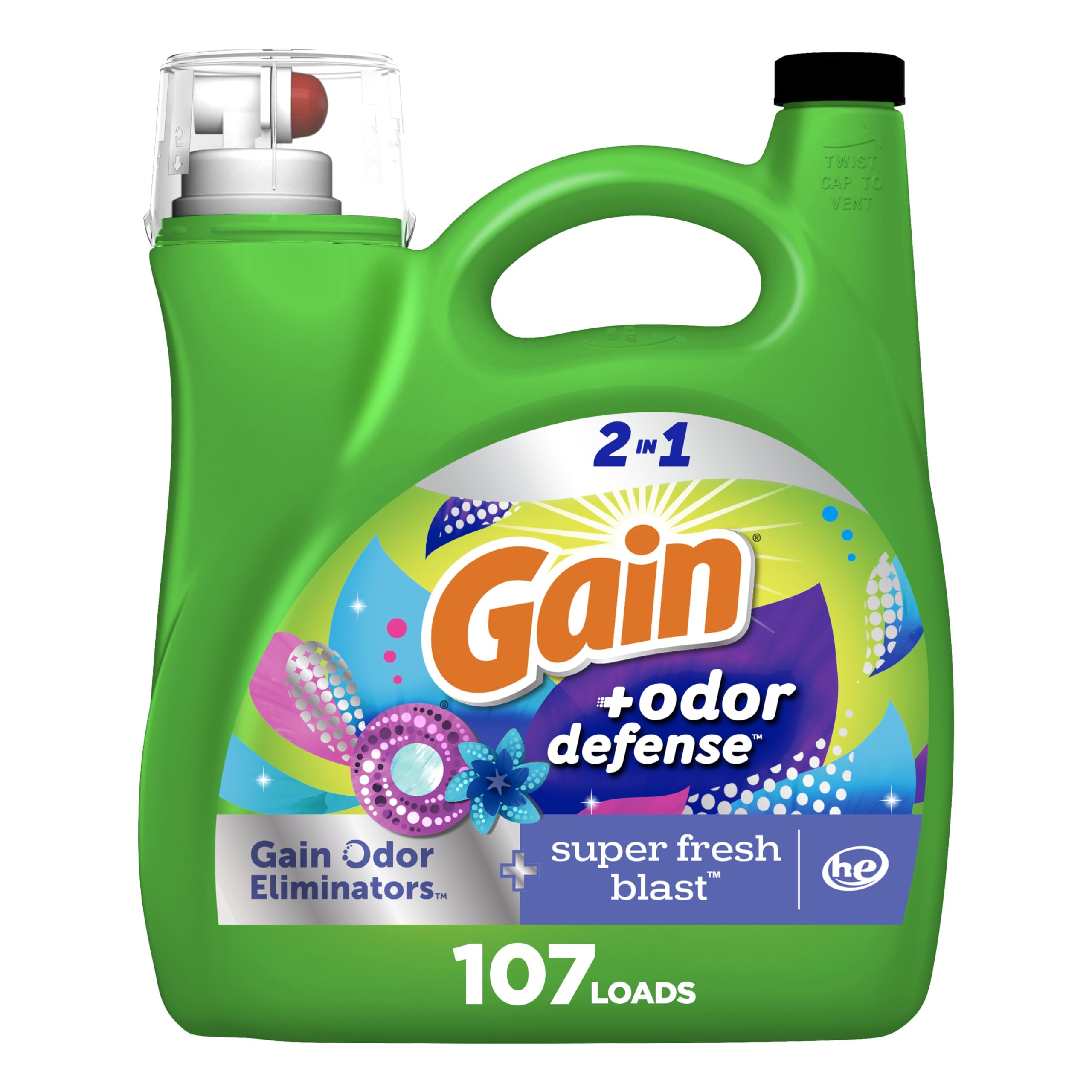 Gain + Odor Defense Liquid Laundry Detergent, Super Fresh Blast Scent, 107 Loads, HE Compatible Washing Soap (Packaging May Vary)