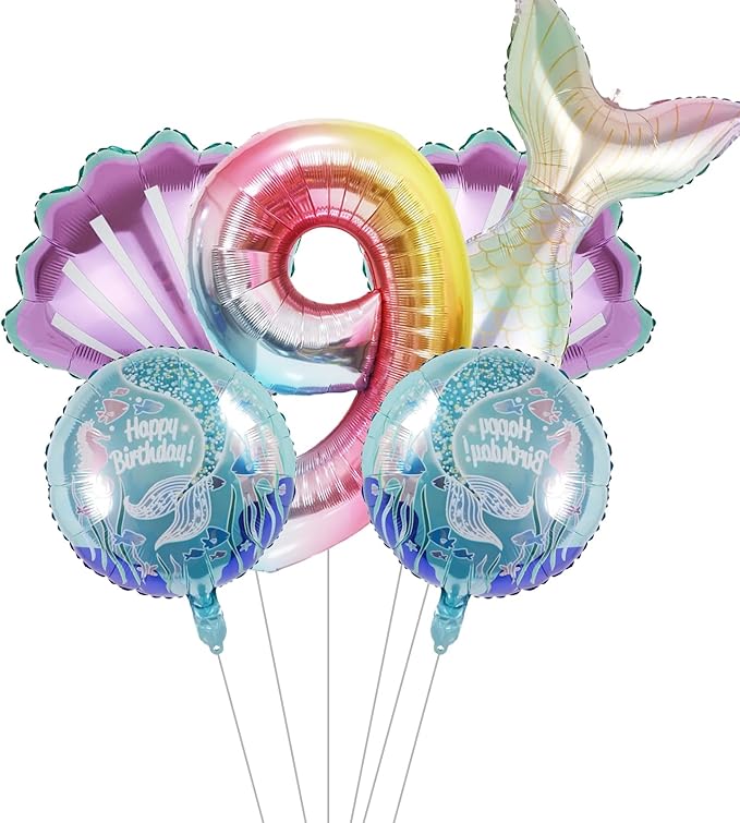 Mermaid Birthday Decorations Mermaid Balloons - Number 9 Balloons for Girls Under The Sea Mermaid Theme Baby Shower Birthday Favors