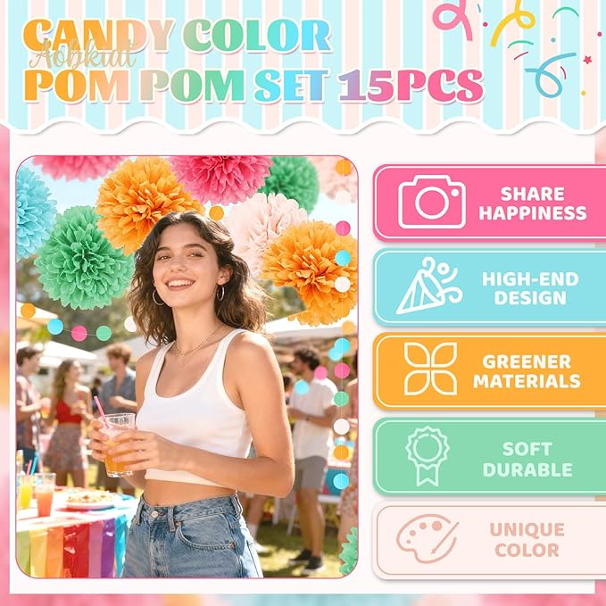 AOBKIAT Rainbow Birthday Decorations for Girls Women,15PCS Colorful Tissue Paper Pom Poms,Paper Garland String,for Candyland Theme Baby Shower Wedding Fiesta Party Hanging Backdrop