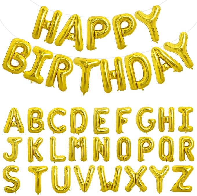 TONIFUL 65 Pcs 16 Inch Gold Happy Birthday Balloons and 2 Sets A-Z Foil Letters Balloons DIY Personalized Phrase Banner for Birthday Celebration Halloween Thanksgiving Christmas Party Decorations