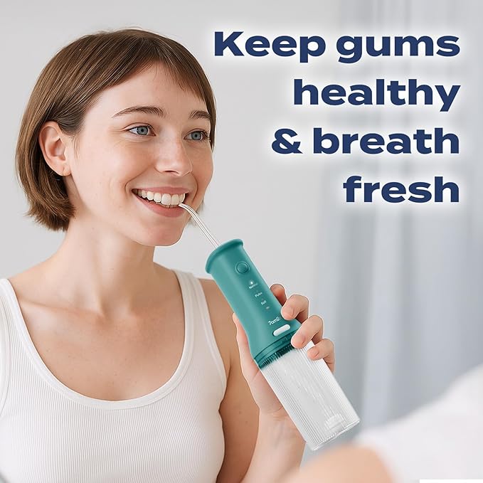 7AM2M Portable Cordless Water Flosser, Oral Irrigator with 3 Modes & 2 Tips, Fast Rechargeable, IPX7 Waterproof, Dental Water Flosser for Travel and Home Use (Peacock Green)
