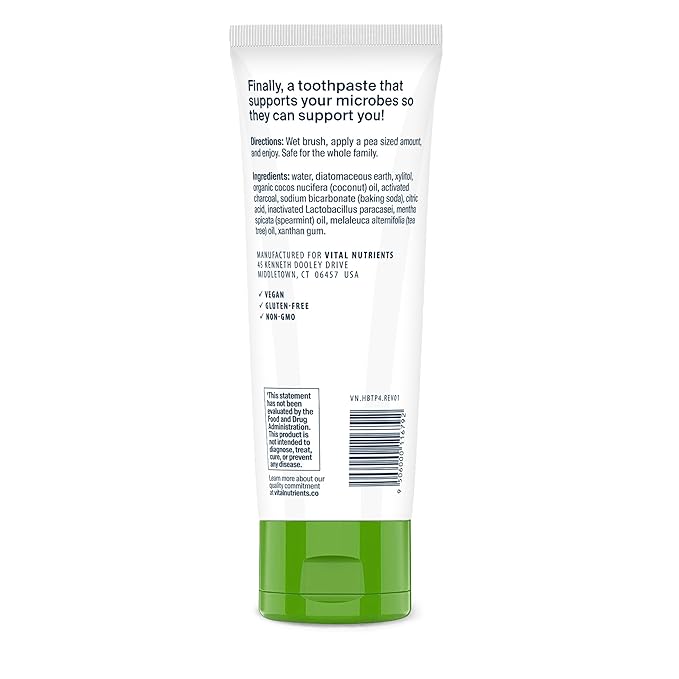 Vital Nutrients Hyperbiotics Activated Charcoal Probiotic Toothpaste | Fluoride Free Toothpaste with Oral Probiotics | Supports Healthy Mouth Flora, Fresher Breath, Teeth Whitening* | Vegan | 4 oz