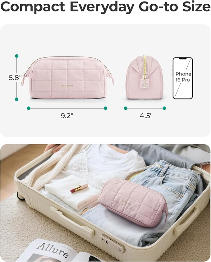 BAGSMART Makeup Bag Travel Toiletry Bag, Puffy Padded Make Up Bags for Women Makeup Organizer Case, Wide-open Pouch Purse Travel Essentials Toiletries Accessories Brushes, Dark Pink