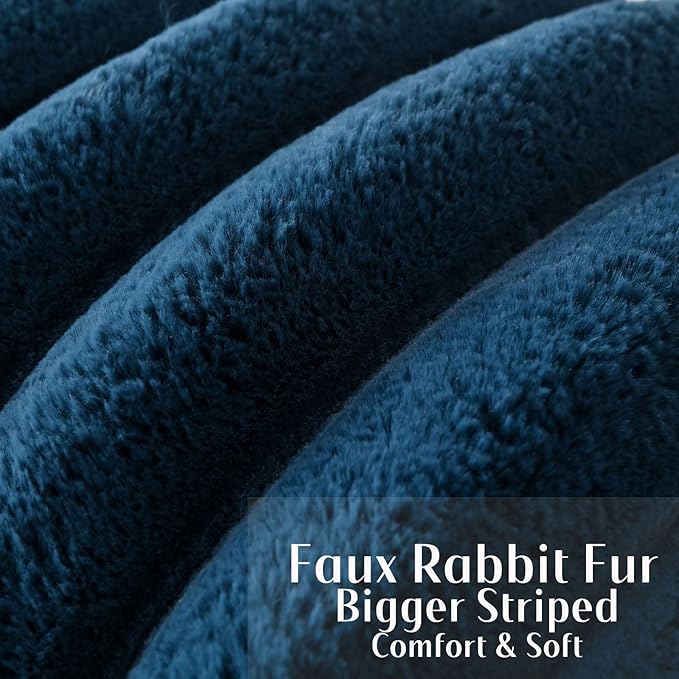 FUTEI Navy Blue Decorative Throw Pillow Covers 26x26 Inch Set of 2, Square Soft Faux Rabbit Fur Thick Striped Euro Pillow Shams,Winter Home Decor for Couch Bed Living Room