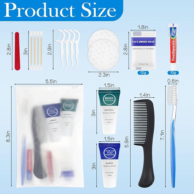 Toiletry Kits Travel Essentials Disposable Hygiene in Bulk, Trial Size Toiletries Supplies Individually Wrapped Traveling Personal Care Items, for Camping, Hotel, Homeless, Charity, 8-in-1 (60-Pack)