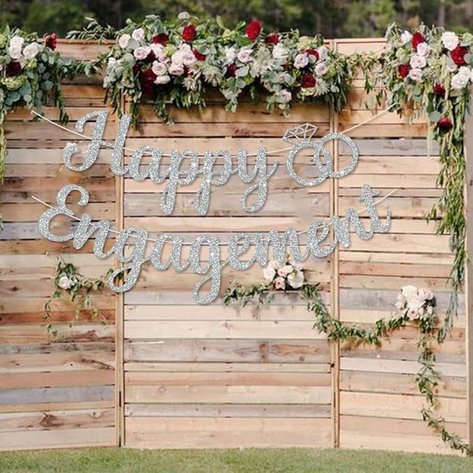 BEISHIDA Glitter Happy Engagement Banner-No DIY, Engagement Party Decorations,Bridal Garland Sign Wedding Party Supplies （Silver）