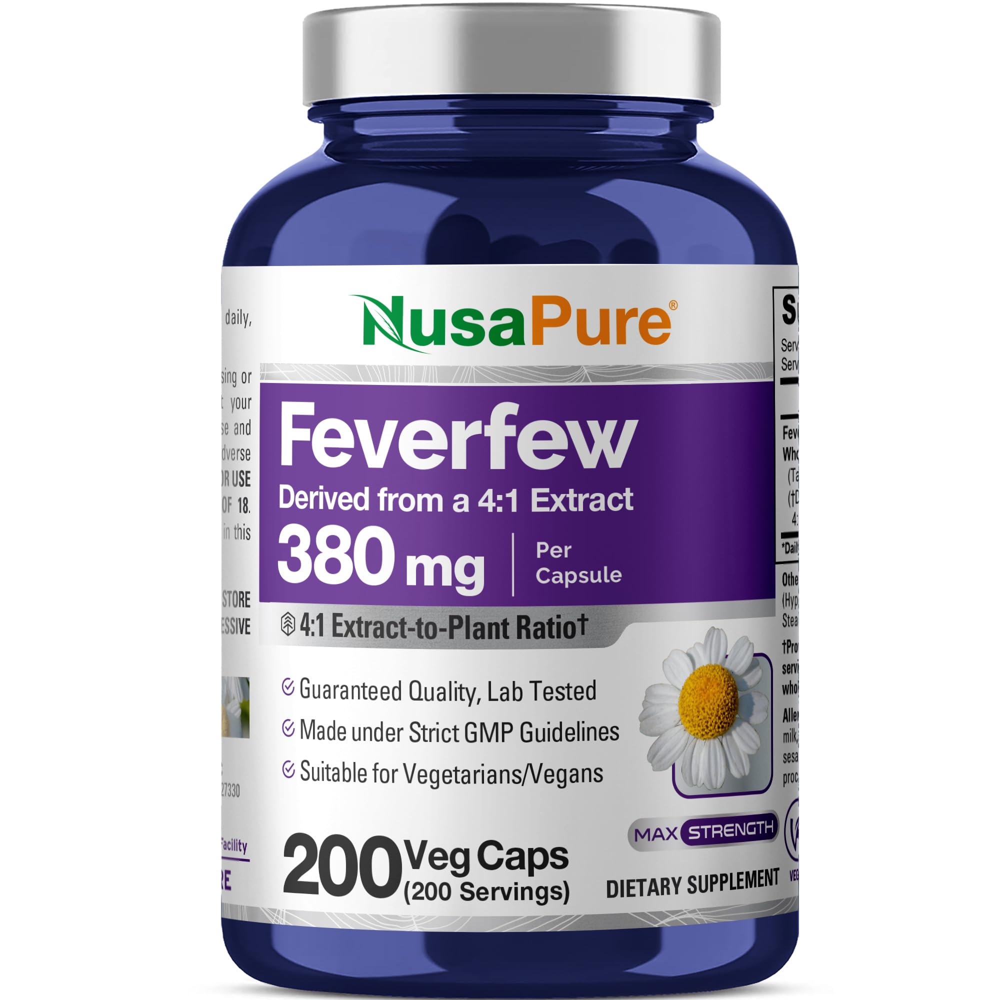 NusaPure Feverfew Capsules, 380 mg, 200 Veg Capsules (Non-GMO, Gluten Free)