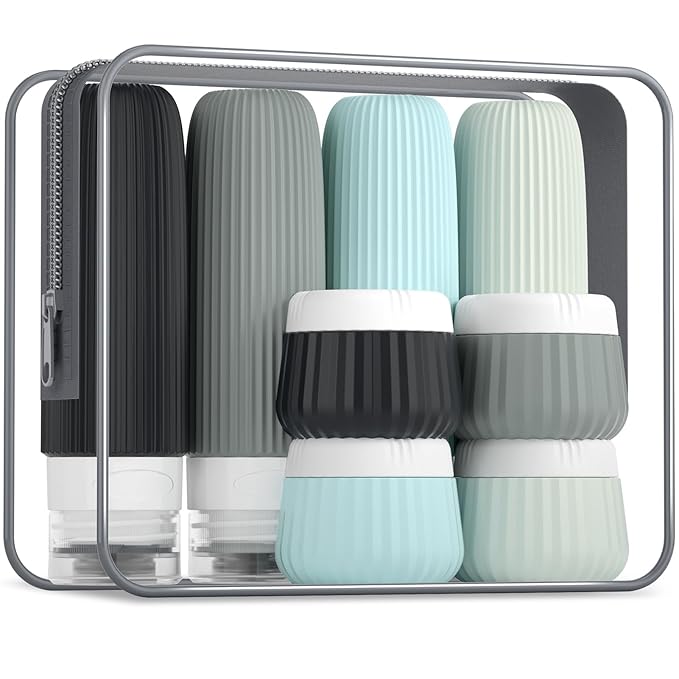 Travel Bottles - 8 Pack, TSA Approved Travel Size Toiletries, Leak Proof Silicone Squeezable Containers in Clear Bag