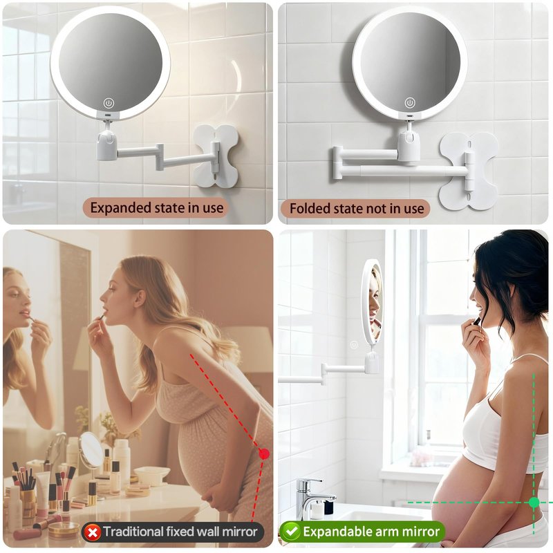 6" Led Wall Mounted Makeup Mirror Double Sided 1/30X, 1-Second Install Lightweight Compact Wall Mirror with Light, Rechargeable Extendable Magnifying Mirror for Bathroom, Wall Vanity Mirrors (1+30X)