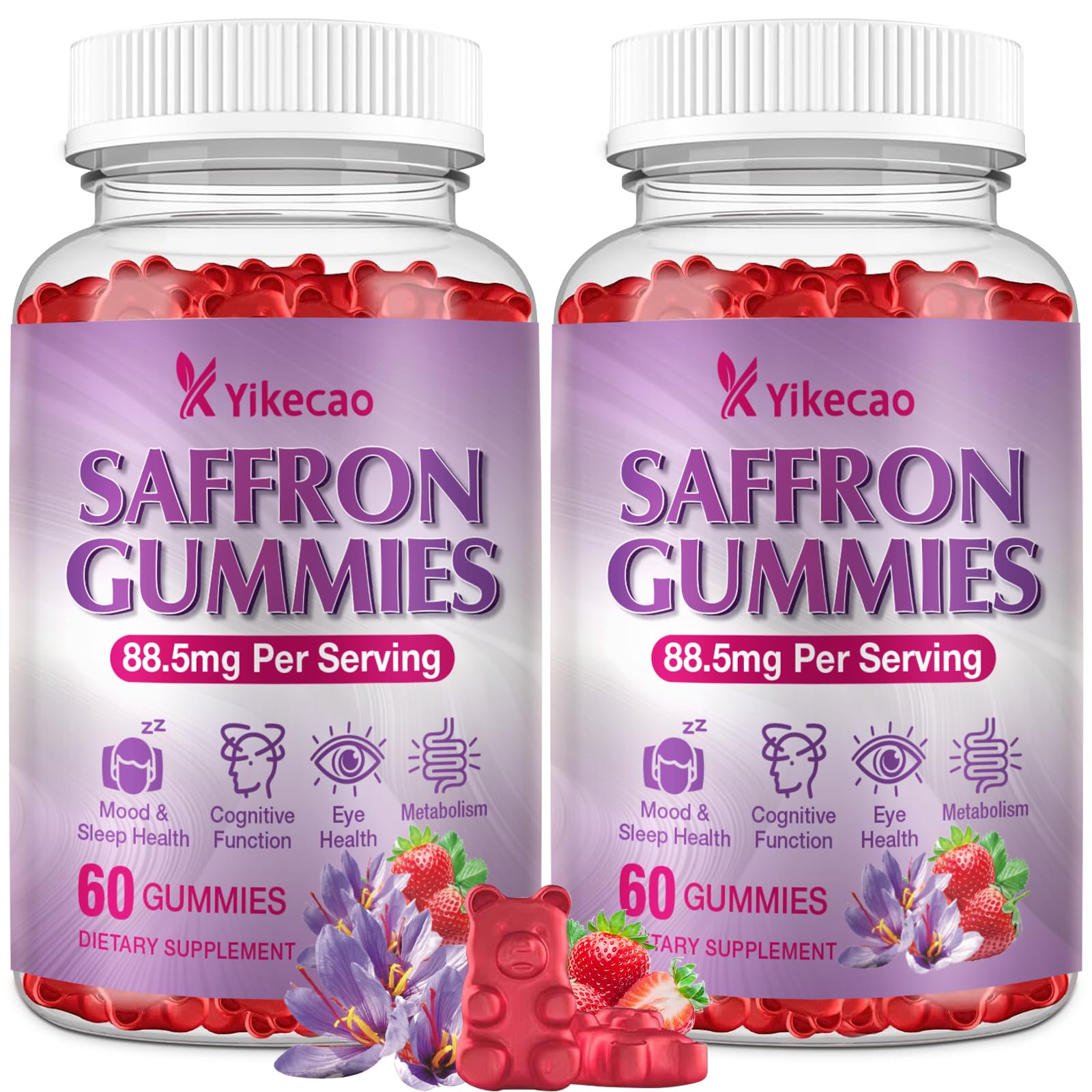 2 Pack Saffron Supplements Gummies for Kids & Adult, 88.5mg Saffron Extract with Vitamin D3, B6, Magnesium, Ashwagandha, L-Theanine for Clam, Energy, Focus, Sugar-Free, Strawberry Flavor, 120 Count