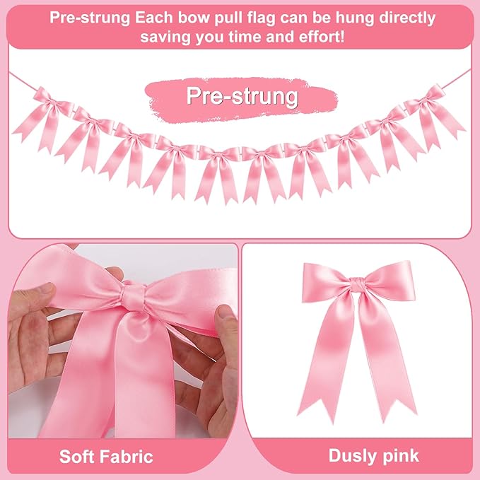 Dusty Pink Bow Garland Bow Banner Bow Party Decorations Pre-Strung Large Coquette Satin Ribbon for Birthday Bachelorette Party Bridal Shower Wedding Engagement Baby Shower