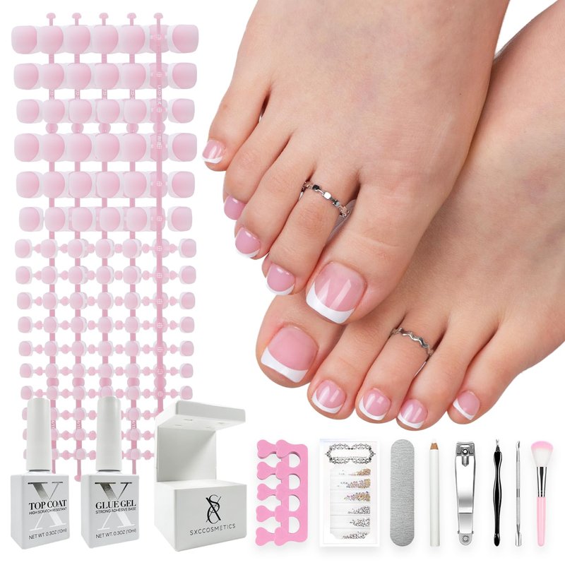 SXC Cosmetics X-Pro Tips French Tip Press On Toenails for Women, Acrylic Soft Gel System (Short French Pink, Short)