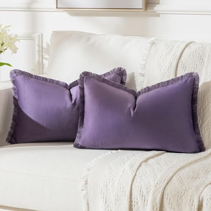FUTEI Eggplant Purple Velvet Decorative Throw Pillow Covers 12x20 Set of 2,Soft Cozy Edge with Tassels Lumbar Pillow Cases,Boho Modern Home Decor for Couch Bed Living Room