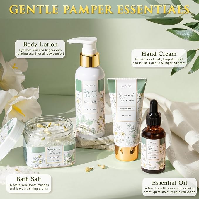 Birthday Gifts for Women, Bergamot Jasmine Relaxing Spa Gift Baskets for Women Self Care Package Bath Gift Set, Home Bath and Body Kit Pampering Valentines Day Gifts for Her Womens Mom Friends Sister