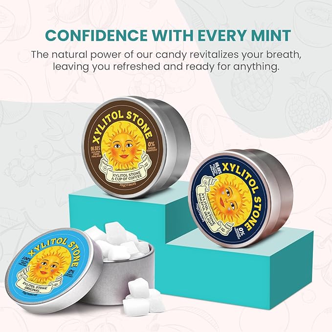 Xylitol Stone Sugar Free Candy - Vegan & Keto Friendly Unique Hard Candy - 100% Natural Flavor Candies - Gluten Free & Non-GMO Breath Freshener Mints - Pack of 3 (Original, Coffee, Wakeful Delight)