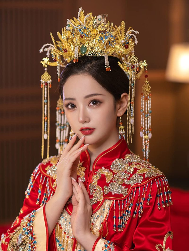 Chinese Wedding Bride Hair Accessory Chinese Crown Wedding Hair Accessories Golden Flower Floral Beaded Flapper Headband Jeweled Bridal Wedding Tiara (Phoenix)