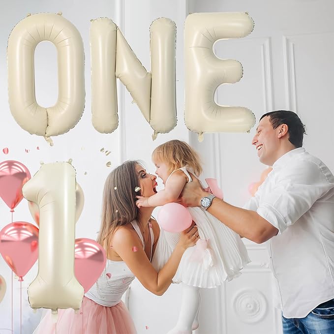 Cream Letter ONE Balloons,40 Inch Number 1 Balloon Beige for Baby Shower Gender Reveal Backdrop Party Decorations