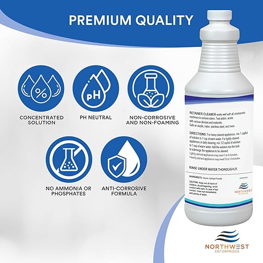Northwest Enterprises Ultrasonic Retainer Cleaner Solution Concentrate – Multi-Enzymatic, Odor, Stain & Discoloration Remover, For Invisalign, Mouthguards & Nightguards