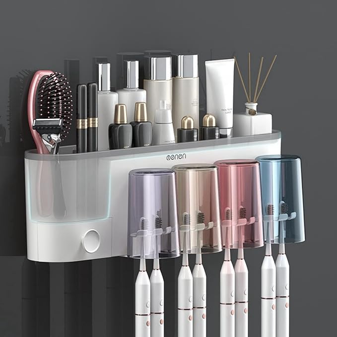 No-Drill Wall Mounted Toothbrush Holder, Bathroom Shelf, with 1 Automatic Toothpaste Dispenser 4 Brush Hooks Cups 1 Cosmetic Drawer Organizer and Large Storage (1 Dispenser + 2 Cups)