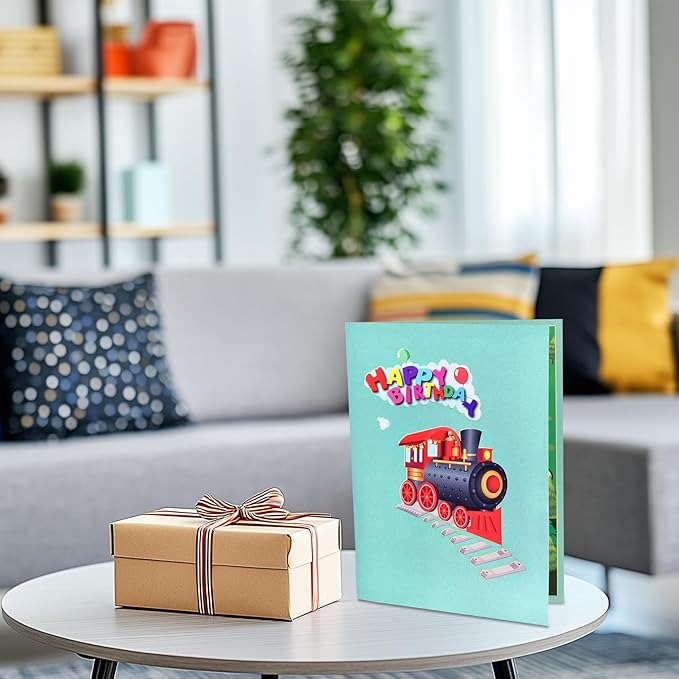 GREETING ART Happy Birthday Train Pop Up Card,3D Greeting Card for Birthday, Pop Up Birthday Card for Kids Boys Men Grandson Friends Daughter Son (Train Birthday Card)