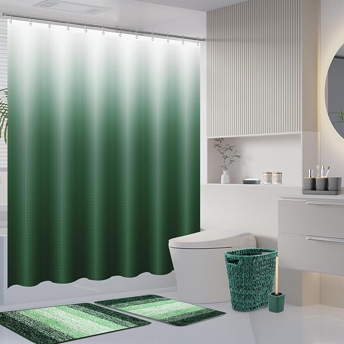Dark Green Bathroom Accessories Set with Wicker Trash Can Shower Curtain and Rugs,Bathroom Sets Small Waste Basket Bathroom Trash Can for Bedroom Bathroom