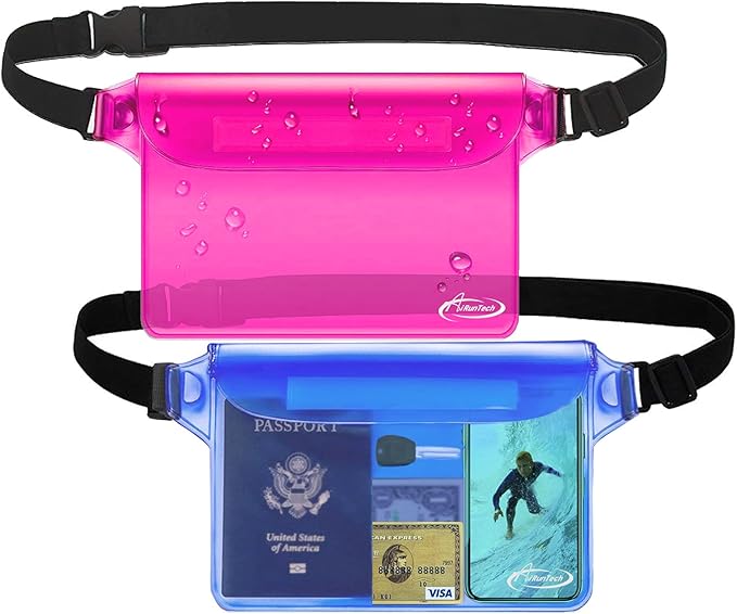 AiRunTech Waterproof Pouch with Waist Strap (2 Pack) | Beach Accessories Best Way to Keep Your Phone and Valuables Safe and Dry | Perfect for Boating Swimming Snorkeling Kayaking Beach Pool Water Park