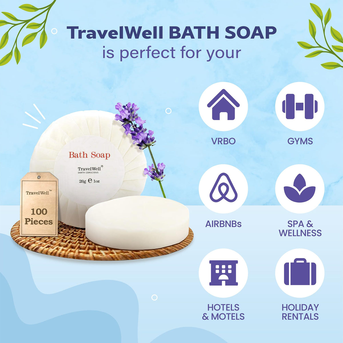 Travelwell Hotel Soap Bars - Individually Wrapped Bulk Hotel Soap - Gentle Paraben-Free Beauty Bar - Travel Mini Size - Pack of 100, 1 Oz