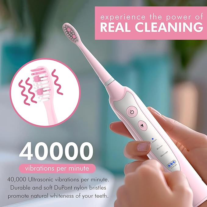 Sonic Electric Toothbrush for Adults with 5 Toothbrush Replacement Heads, 3 Brushing Modes & 2 Minutes Built-in Timer, Travel Toothbrushes with Inductive Charging, Rechargeable toothbrush | Pink