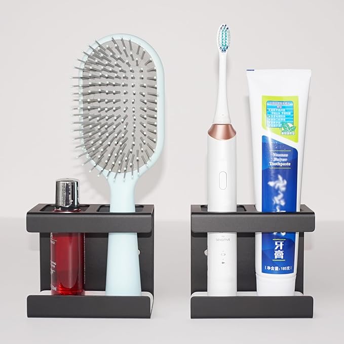 Set of 2 Electric Toothbrush Holder Wall Mounted, 18/8 Stainless Steel Toothbrush Stand with Diatomite Dish, 3M Self Adhesive Toothbrush Storage Rack for Bathroom (Black)