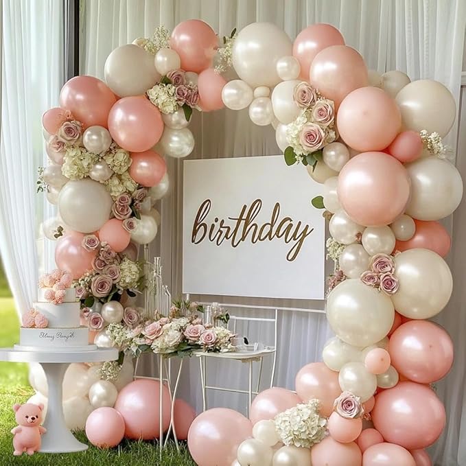 Pastel Pink White Balloon Arch Double Stuffed Light Pearl Blush Pink Cream Beige Peach Balloon Garland Kit for Birthday Wedding Baby in Bloom Baby Shower Bridal Princess Valentine's Day Party Decor