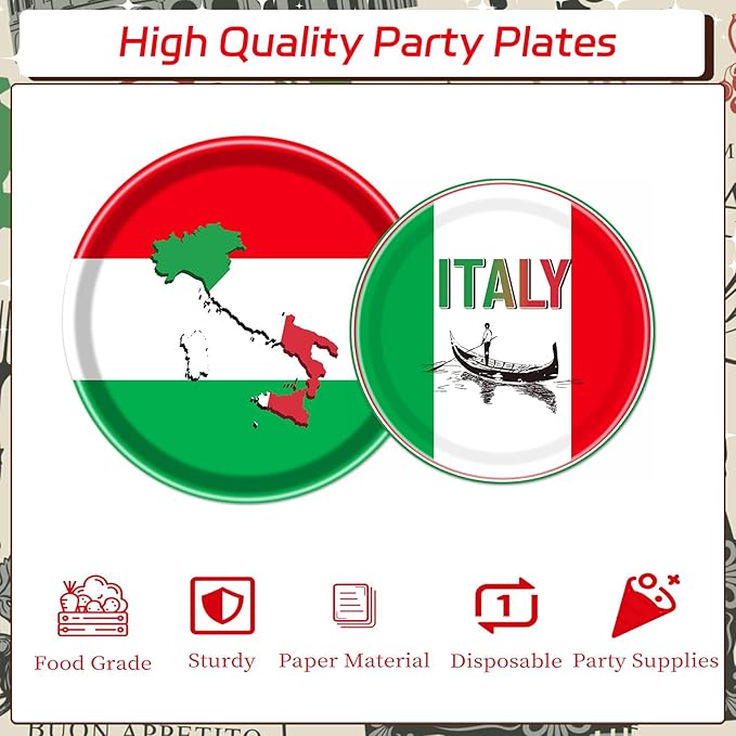 Rakuto Italian Party Tableware Set Supplies, Italian Flag Paper Plates and Napkins and Forks, Italian Party Decorations Red White and Green Italy Family Party Decor Serves 24