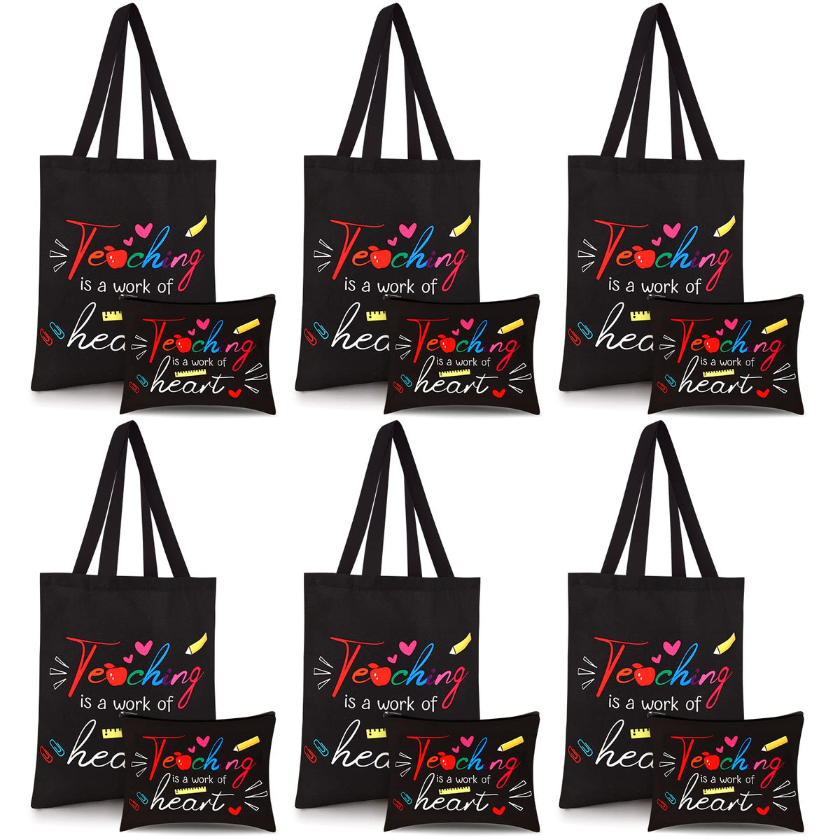 Kacctyen 12 Pcs Teacher Graduation Appreciation Gifts 6 Reusable Grocery Bag 6 Cosmetic Bags Thank You Women Gifts(Teaching is a Work of Heart)