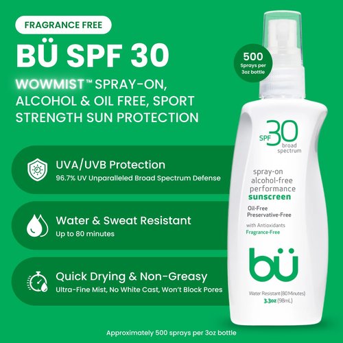 BU SPF 30 Sunscreen Spray for Face and Body, Fragrance Free, TSA Travel Size Sunscreen, Clear, Non Greasy, Water Resistant, for Sensitive Skin, 3.3 oz (3 Pack)