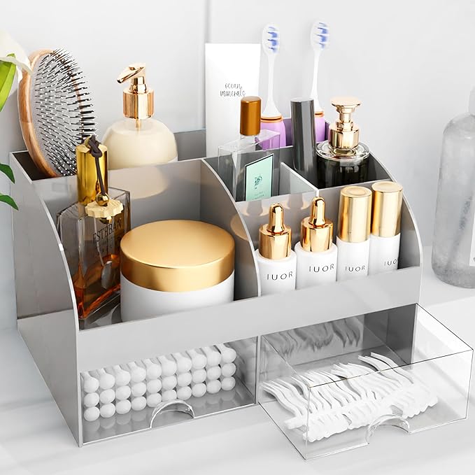 Makeup Organizer with Drawers, Cosmetic Storage for Dresser Vanity and Bathroom Countertop, Beauty Holder for Lipstick Brush, Skincare Organizer for Vanity, Cosmetic Display Case (Grey)