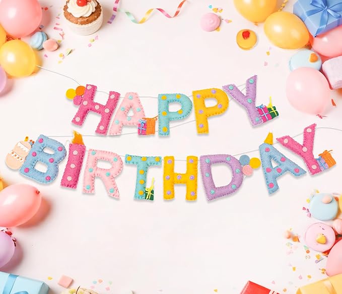 Updated Pre-Strung Handmade Wool Felt Pastel Happy Birthday Banner, Unique 3D Confetti Dots Happy Birthday Garland Decor, Reusable Happy Birthday Sign for Macaron Rainbow Party Backdrop Decorations