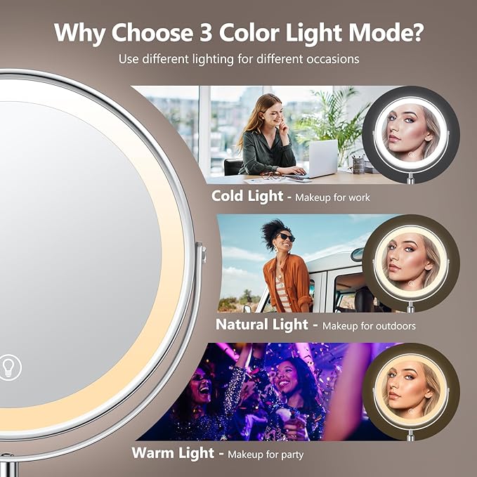 9" Large Lighted Makeup Mirror, 5000mAh Rechargeable Height Adjustable Double Sided, Magnifying with 3 Color, Brightness Adjustable, 360° Rotation Vanity, Gift for Women