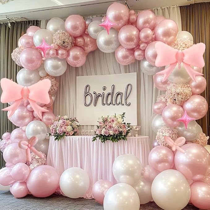 Pearl Pink Balloons Light Pink Balloon Arch With Foil Bow Balloon 4 Corner Star Long Balloons for Birthday Bow Princess Baby Shower Bridal Shower Sweet Girls Party Decorations