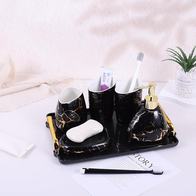 Black Bathroom Accessories Set,Gold Marble Look Bathroom Decor,Modern 6 Piece Bathroom Accessory Set,Complete with Soap Dispenser,Toothbrush Holder,Tumbler,Tray Countertop