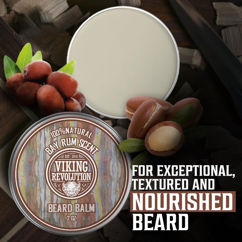 Viking Revolution Bay Rum Beard Balm - Beard Butter with Argan Oil & Jojoba Oil - Softener, Moisturizer & Wax for Men (2oz, 1 Pack)