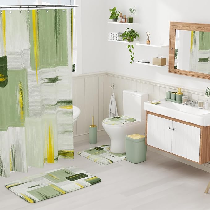 Bathroom Set - Sage Green Bathroom Accessories Set, Bathroom Sets with Shower Curtain and Rugs, Sage Green Shower Curtain Set with Bathroom Trash Can, Soap Dispenser, Soap Dish for Home Decor