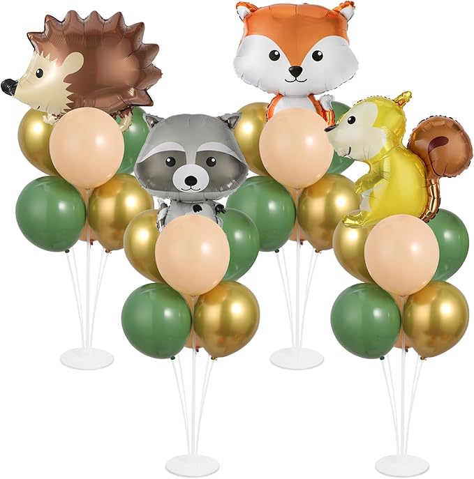 4 Sets Woodland Animals Party Balloons Stand Kit with Hedgehog Raccoon Fox Squirrel Foil Balloons Sage Green Brown Party Balloon Centerpiece for Tables for Forest Safari Jungle Birthday Party Decor